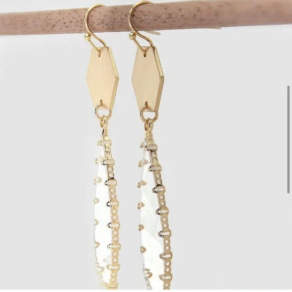Women’s Clear teardrop gem brushed gold tone hex earrings - Picture 3 of 5